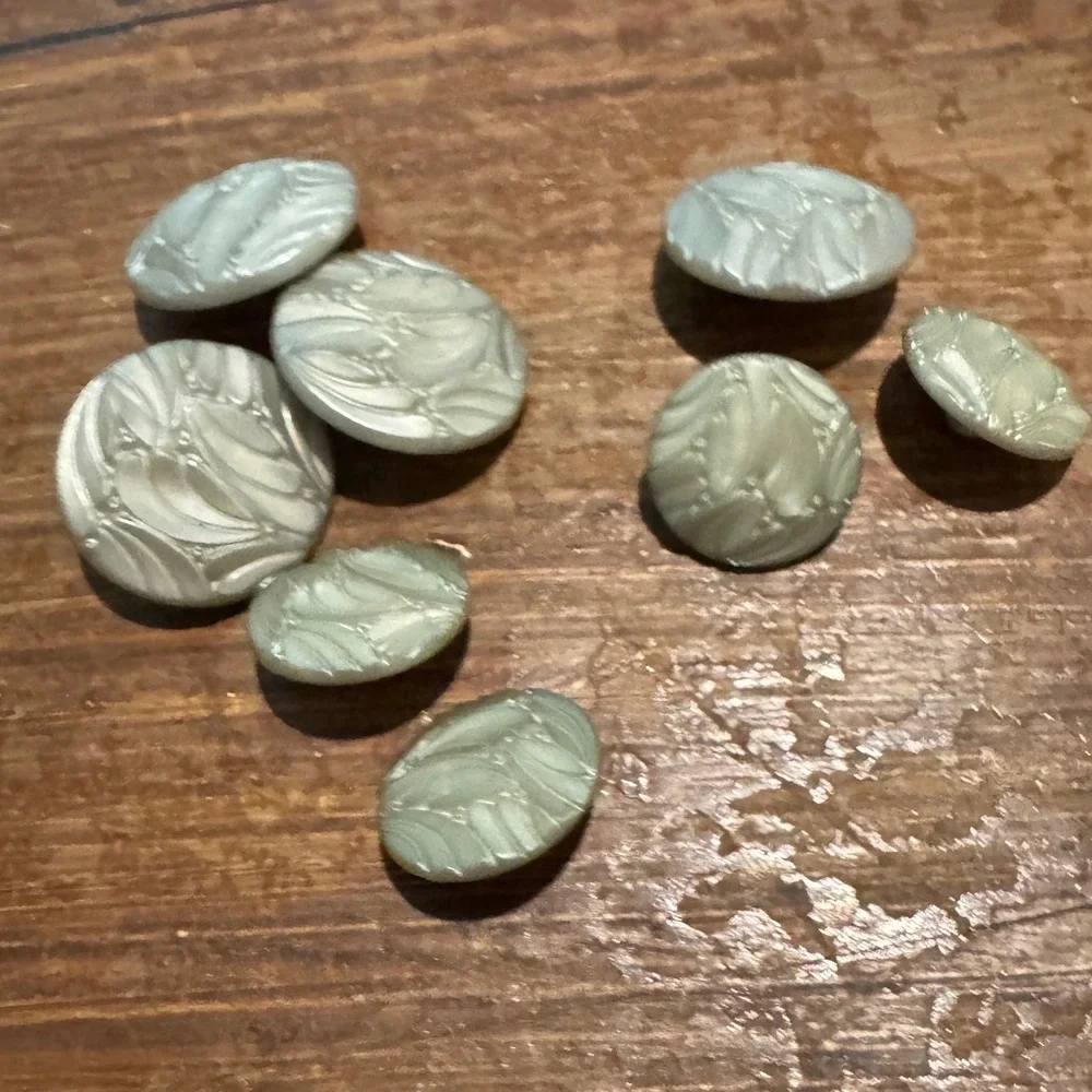 8 Vintage Iridescent Sage Green Art Nouveau Floral Leaf Shank Buttons Set